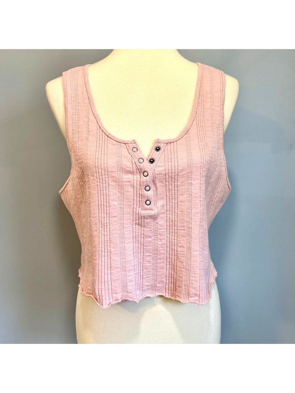 Pink Ribbed Henley Tank Pastel Boho Sleeveless Cropped Casual Summer, XL